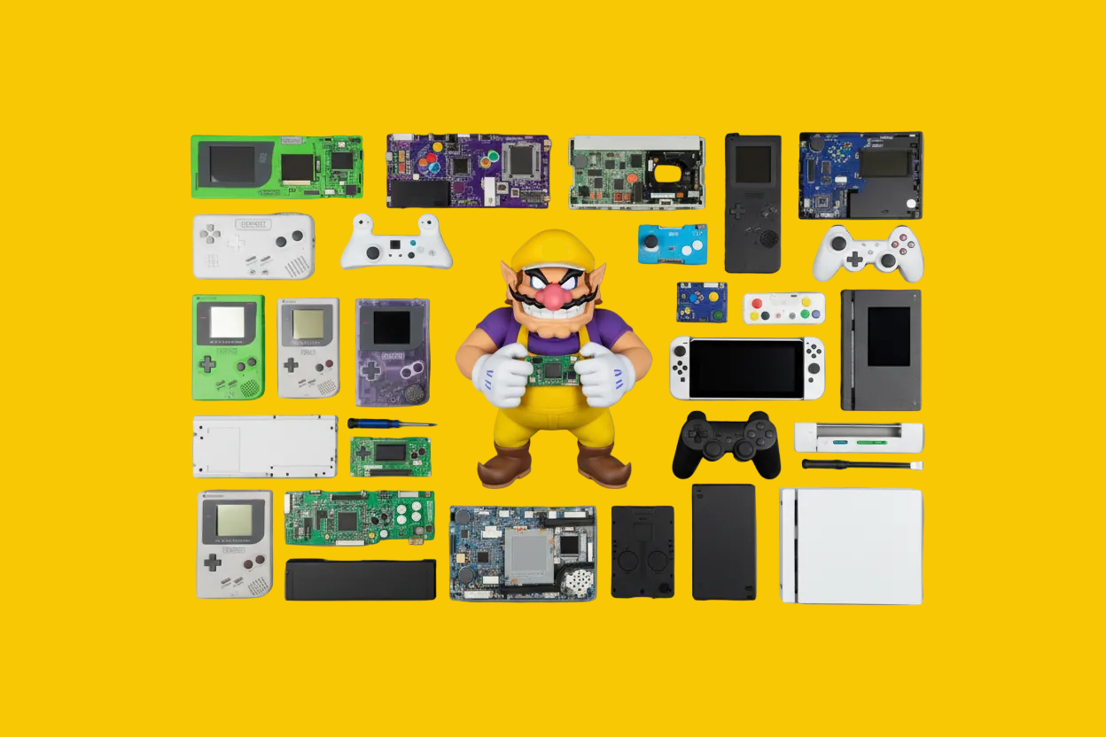 Collection of electronic components and a figurine of a character from a video game on a gray background